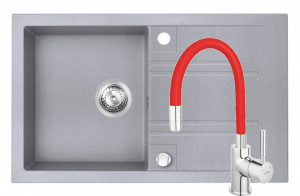 Set Chiuveta Ferro Mezzo II 1 Cuva si Picurator 780x480 mm, gri si Baterie Ferro Zumba - baterie stativa bucatarie cu pipa flexibila, rosu - Img 1
