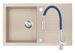 Set Chiuveta Ferro Mezzo II 1 Cuva si Picurator 780x480 mm, nisip si Baterie Ferro Zumba Slim 2F - baterie stativa bucatarie cu pipa flexibila, albastru - Img 1