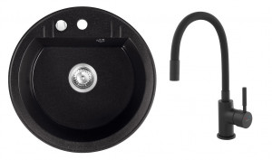 Set Chiuveta Ferro Mezzo II Rotunda cu o cuva Ø 51 cm, grafit si Baterie Ferro Zumba Nero - baterie stativa bucatarie cu pipa flexibila - Img 1