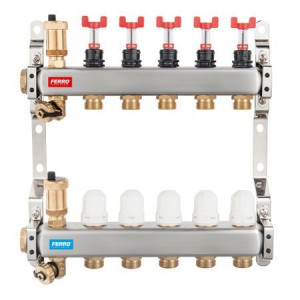 Distribuitor/colector Ferro tip SN-RZPU 1" din inox 5 circuite cu debitmetre si robineti termostatati - Img 1