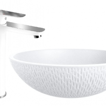 Pachet 2in1: VRR1621T - Lavoar granit rotund fara preaplin Ø410x135 mm , alb cu 38501/1,0 - Baterie stativa lavoar inalta, fara ventil Tina White - Img 1