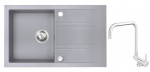 Set Chiuveta Ferro Mezzo II 1 Cuva si Picurator 780x480 mm, gri si Baterie Ferro Toledo - baterie stativa spalator cu pipa rabatabila - Img 1