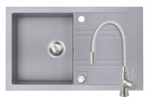 Set Chiuveta Ferro Mezzo II 1 Cuva si Picurator 780x480 mm, gri si Baterie Ferro Zumba Inox - baterie stativa bucatarie cu pipa flexibila, gri-argintiu - Img 1