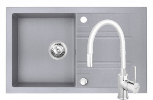Set Chiuveta Ferro Mezzo II 1 Cuva si Picurator 780x480 mm, gri si Baterie Ferro Zumba - baterie stativa bucatarie cu pipa flexibila, alb - Img 1