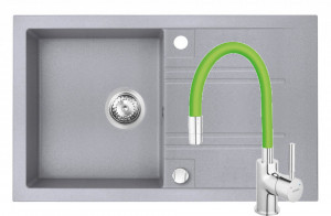 Set Chiuveta Ferro Mezzo II 1 Cuva si Picurator 780x480 mm, gri si Baterie Ferro Zumba - baterie stativa bucatarie cu pipa flexibila, verde - Img 1