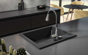 Set Chiuveta Ferro Mezzo II 1 Cuva si Picurator 780x480 mm, nisip si Baterie Ferro Zumba II - baterie stativa bucatarie cu pipa flexibila, neagra - Img 2