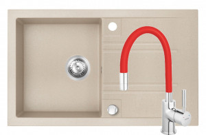 Set Chiuveta Ferro Mezzo II 1 Cuva si Picurator 780x480 mm, nisip si Baterie Ferro Zumba - baterie stativa bucatarie cu pipa flexibila, rosu - Img 1