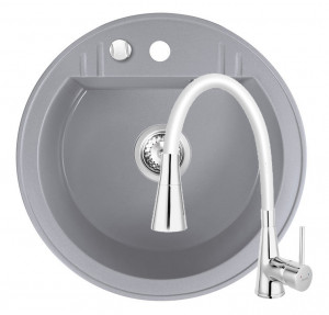 Set Chiuveta Ferro Mezzo II Rotunda cu o cuva Ø 51 cm, gri si Baterie Ferro Zumba II - baterie stativa bucatarie cu pipa flexibila, alb - Img 1