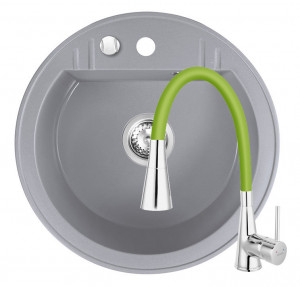 Set Chiuveta Ferro Mezzo II Rotunda cu o cuva Ø 51 cm, gri si Baterie Ferro Zumba II - baterie stativa bucatarie cu pipa flexibila, verde - Img 1