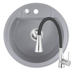 Set Chiuveta Ferro Mezzo II Rotunda cu o cuva Ø 51 cm, gri si Baterie Ferro Zumba II - baterie stativa bucatarie cu pipa flexibila, neagra - Img 1