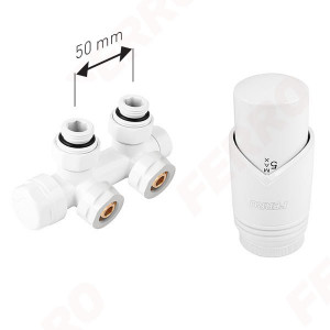 Set robinet dublu coltar pt. radiator tip-V cu alim. din perete, reversibil (stanga sau dreapta) si cap termostatat GT30, alb - Img 1