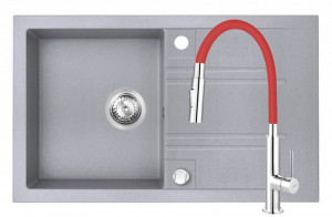 Set Chiuveta Ferro Mezzo II 1 Cuva si Picurator 780x480 mm, gri si Baterie Ferro Zumba Slim 2F - baterie stativa bucatarie cu pipa flexibila, rosu - Img 1
