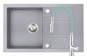 Set Chiuveta Ferro Mezzo II 1 Cuva si Picurator 780x480 mm, gri si Baterie Ferro Zumba Slim 2F - baterie stativa bucatarie cu pipa flexibila, menta - Img 1
