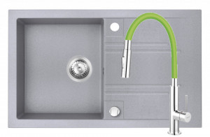 Set Chiuveta Ferro Mezzo II 1 Cuva si Picurator 780x480 mm, gri si Baterie Ferro Zumba Slim 2F - baterie stativa bucatarie cu pipa flexibila, verde - Img 1