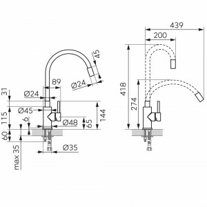 Set Chiuveta Ferro Mezzo II 1 Cuva si Picurator 780x480 mm, gri si Baterie Ferro Zumba Nero - baterie stativa bucatarie cu pipa flexibila - Img 5