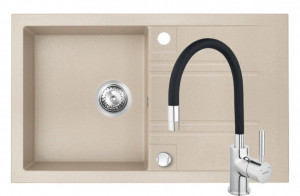 Set Chiuveta Ferro Mezzo II 1 Cuva si Picurator 780x480 mm, nisip si Baterie Ferro Zumba - baterie stativa bucatarie cu pipa flexibila, negru - Img 1