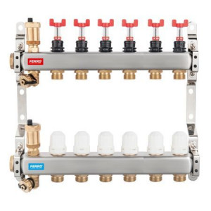 Distribuitor/colector Ferro tip SN-RZPU 1" din inox 6 circuite cu debitmetre si robineti termostatati - Img 1