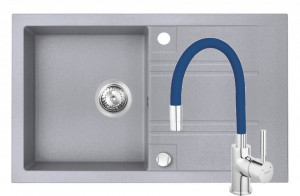 Set Chiuveta Ferro Mezzo II 1 Cuva si Picurator 780x480 mm, gri si Baterie Ferro Zumba - baterie stativa bucatarie cu pipa flexibila, albastru - Img 1