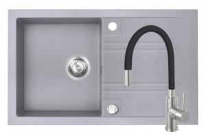Set Chiuveta Ferro Mezzo II 1 Cuva si Picurator 780x480 mm, gri si Baterie Ferro Zumba Inox - baterie stativa bucatarie cu pipa flexibila, neagra - Img 1