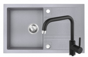 Set Chiuveta Ferro Mezzo II 1 Cuva si Picurator 780x480 mm, gri si Baterie Ferro Ratio Black - baterie stativa bucatarie - Img 1