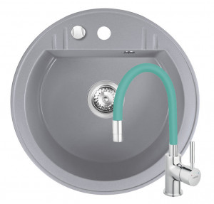 Set Chiuveta Ferro Mezzo II Rotunda cu o cuva Ø 51 cm, gri si Baterie Ferro Zumba - baterie stativa bucatarie cu pipa flexibila, menta - Img 1