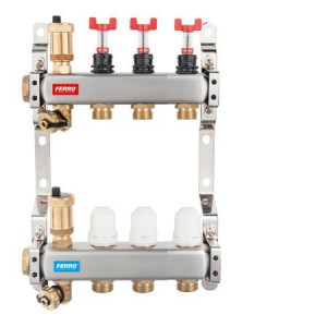 Distribuitor/colector Ferro tip SN-RZPU 1" din inox 3 circuite cu debitmetre si robineti termostatati - Img 1