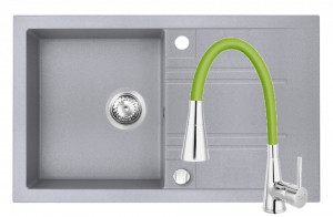Set Chiuveta Ferro Mezzo II 1 Cuva si Picurator 780x480 mm, gri si Baterie Ferro Zumba II - baterie stativa bucatarie cu pipa flexibila, verde - Img 1