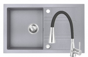 Set Chiuveta Ferro Mezzo II 1 Cuva si Picurator 780x480 mm, gri si Baterie Ferro Zumba II - baterie stativa bucatarie cu pipa flexibila, neagra - Img 1