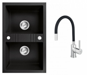 Set Chiuveta Ferro Mezzo II 2 Cuve 780x480 mm, grafit si Baterie Ferro Zumba - baterie stativa bucatarie cu pipa flexibila, negru - Img 1