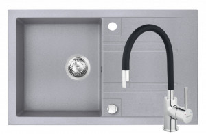Set Chiuveta Ferro Mezzo II 1 Cuva si Picurator 780x480 mm, gri si Baterie Ferro Zumba - baterie stativa bucatarie cu pipa flexibila, negru - Img 1