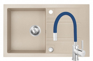 Set Chiuveta Ferro Mezzo II 1 Cuva si Picurator 780x480 mm, nisip si Baterie Ferro Zumba - baterie stativa bucatarie cu pipa flexibila, albastru - Img 1