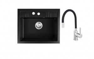 Set chiuveta granit Ferro , 1 cuva grafit, 58x48, cu baterie flexibila Ferro neagra - Img 1