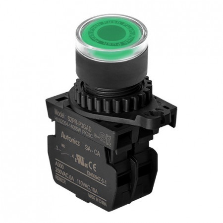 Taster zeleni S2PR-P3GADM, 1NO, sa LED indikacijom 12-24Vac/dc, 6A 250Vac IP52 Autonics