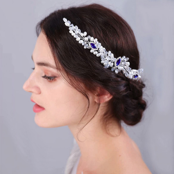 Accesoriu par argintiu, stil pieptene, cu pietre albastre si perle, Royal Blue Comb