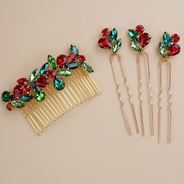 Set accesoriu par stil pieptene si agrafe de par aurii, cu pietre rosii si verzi