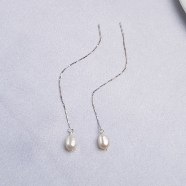 Cercei lungi din argint, stil lantisor, cu perle naturale de cultura, Kristine