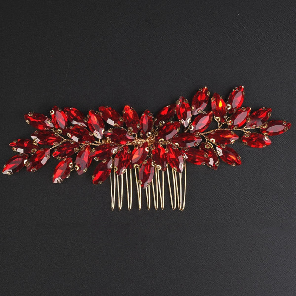 Accesoriu par auriu, stil pieptene, cu pietre rosii, Red Passion