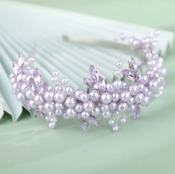 Cordeluta / Bentita argintie, cu perle si cristale mov, Purple Jasmin