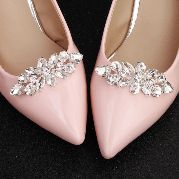 Accesorii pentru pantofi, cu clips, argintii, cu pietre, Shiny Petals