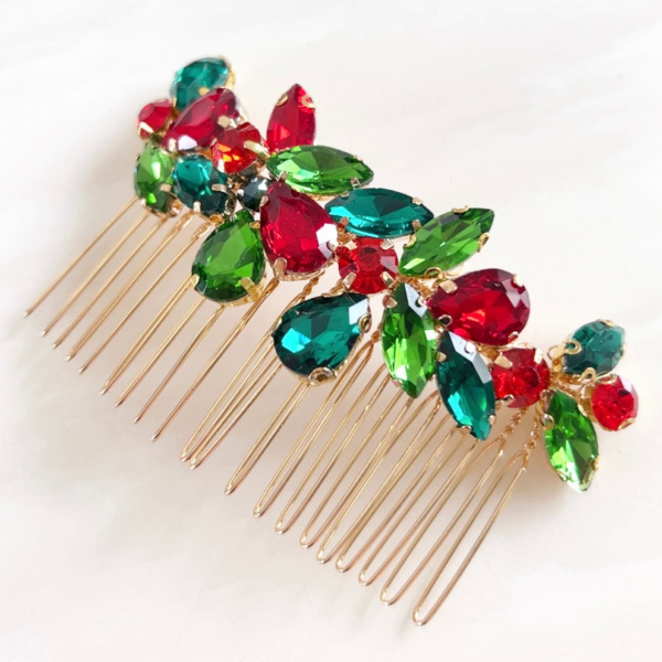 Accesoriu par auriu stil pieptene, cu pietre rosii si verzi