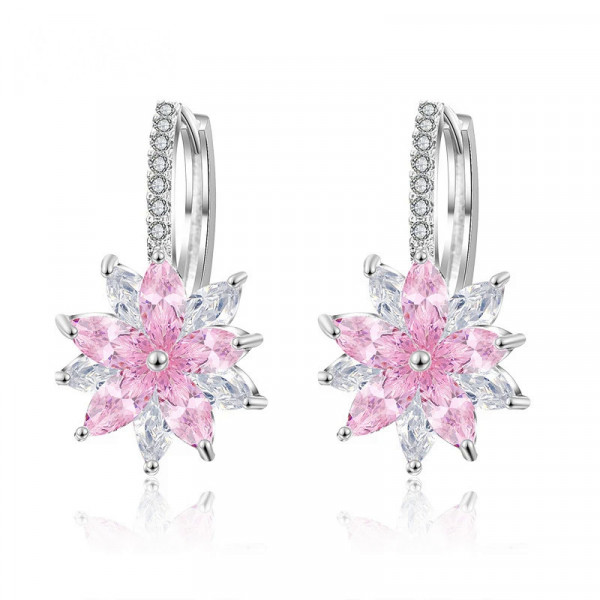 Cercei argintii, model floare, cu pietre roz din zirconiu, Pink Flower