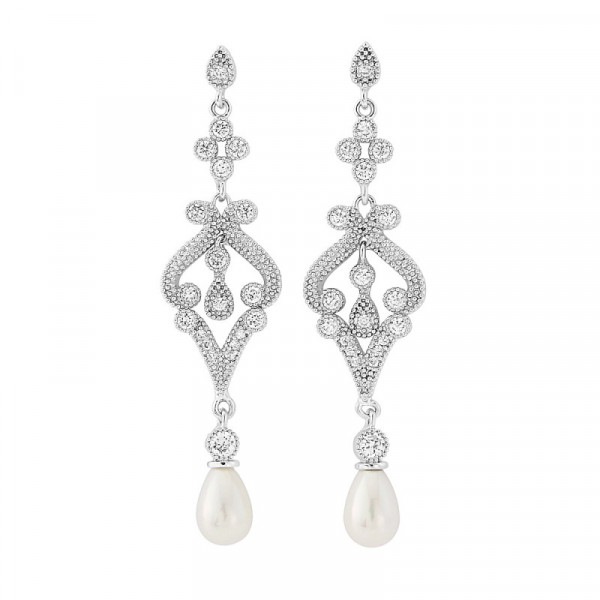 Cercei lungi argintii, cu pietre din zirconiu si perle, Royal Pearls