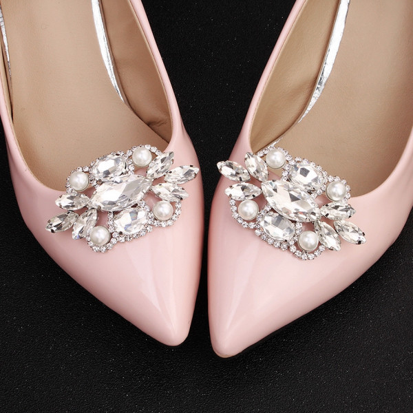 Accesorii pentru pantofi, cu clips, argintii, cu cristale si perle