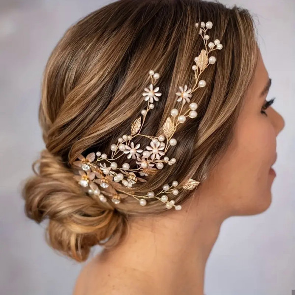 Accesoriu par auriu, cu frunze, flori si perle, Daya