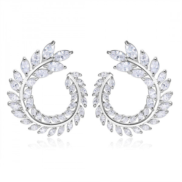 Silver round earrings with petals and zircon stones, Sparkly Petals