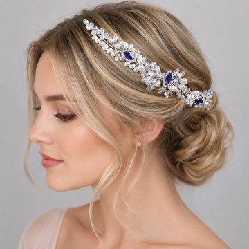 Accesoriu par argintiu, stil pieptene, cu pietre albastre si perle, Royal Blue Comb