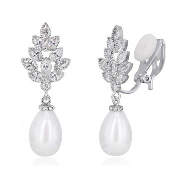 Cercei cu clips, cu pietre din zirconiu si perle, Amira Clip-on