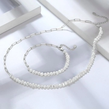 Set colier si bratara paperclip cu perle baroc
