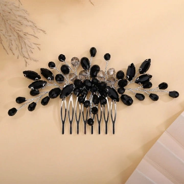 Accesoriu par argintiu, stil pieptene, cu margele si cristale negre, Mystery Black