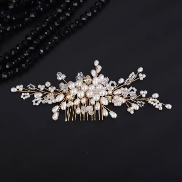 Accesoriu par auriu, stil pieptene, cu perle, cristale si margele, Brooklyn Gold